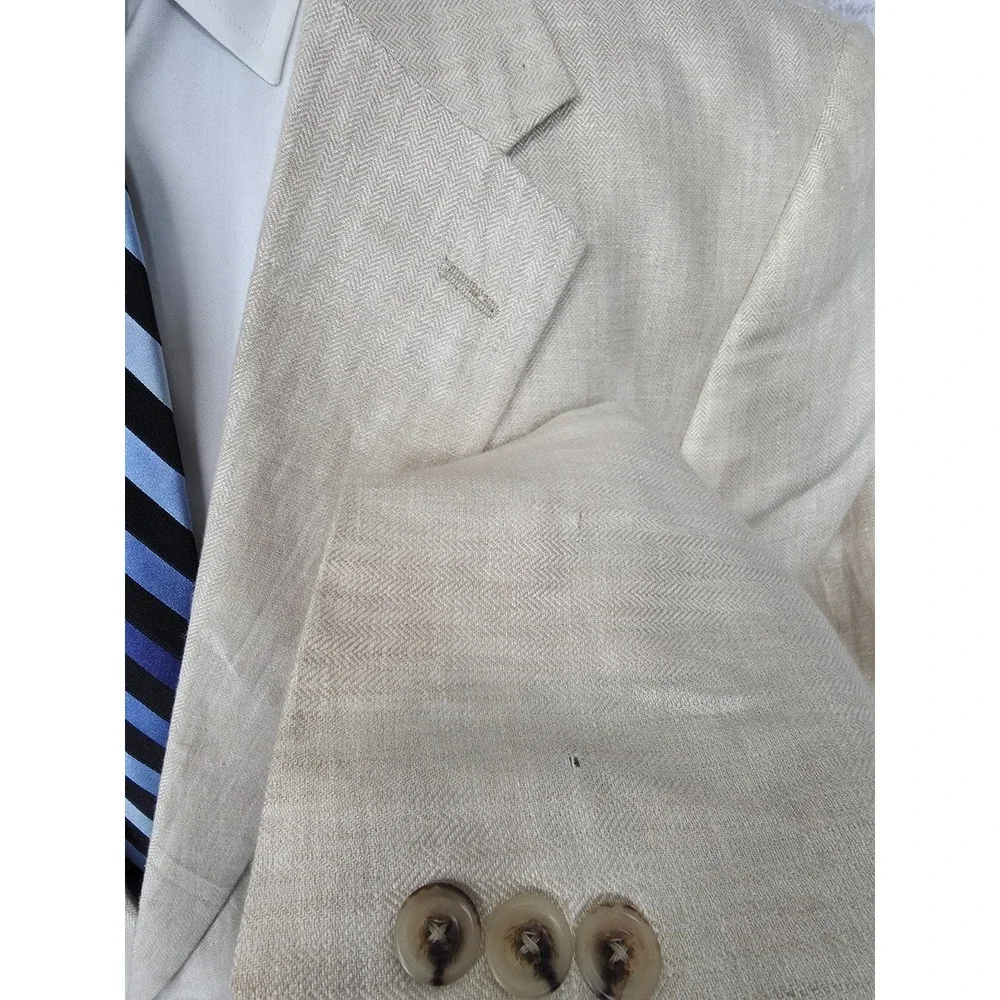 Alan Flusser Blazer Mens 44R Beige Herringbone Sports Coat‎ Jacket 2 Buttons *
